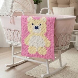 NWT Handmade Crochet Bear Baby Blanket Pink Yellow White